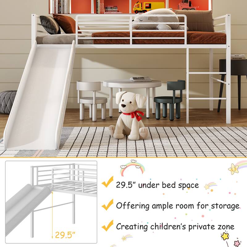 Gymax Twin Metal Loft Bed with Slide Guardrails Built-in Ladder Low