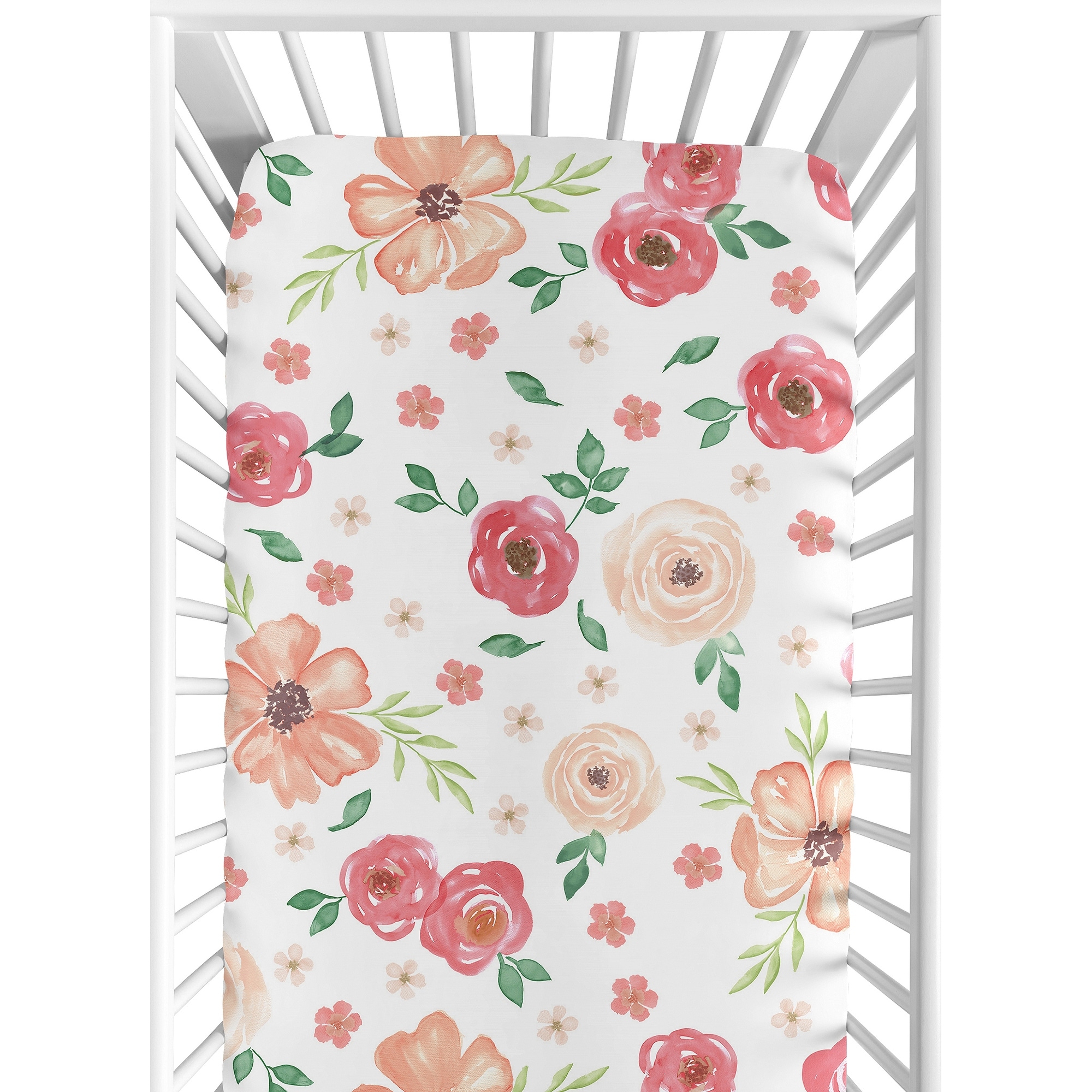 Sweet Jojo Designs Peach and Green Watercolor Floral Collection Fitted Crib Sheet