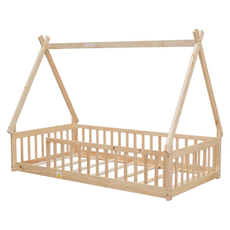 Cozy Twin Teepee Bed for Kids with Guardrails, Tent-Style Floor Bed Frame, Pine Wood Construction, 200 lbs Capacity