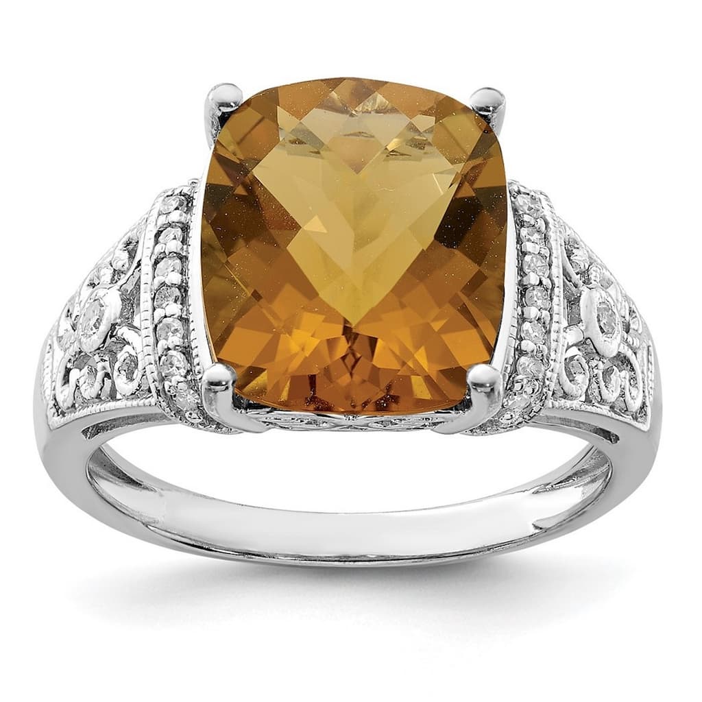 Curata 925 Sterling Silver Diamond and Whiskey Quartz Ring