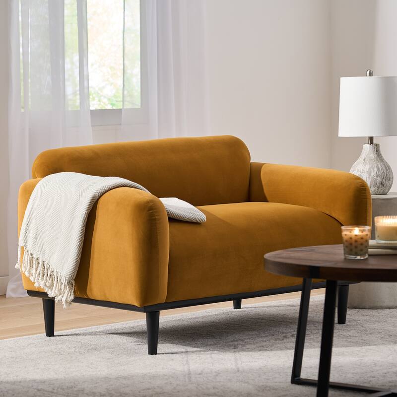 Contemporary Loveseat Sofa, Velvet Upholstered, Birch Wood Legs, Elegant Design for Living Room and Bedroom - Yellow