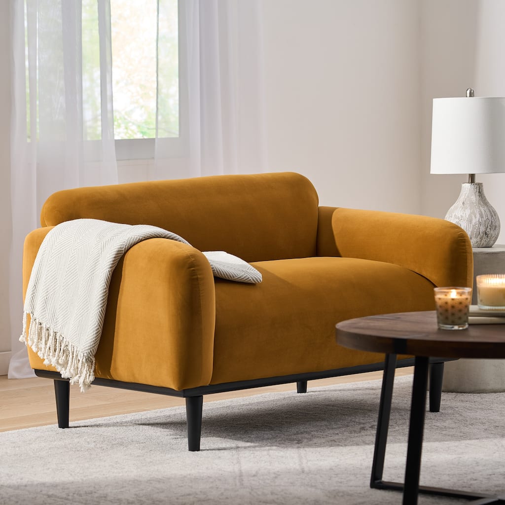 Yellow Polyester Loveseat with Contemporary Design and Birch Wood Legs