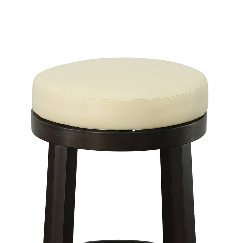 HomeRoots Set of Two 24" Cream and Espresso Faux Leather and Solid Wood Backless Counter Height Swivel Bar Chairs