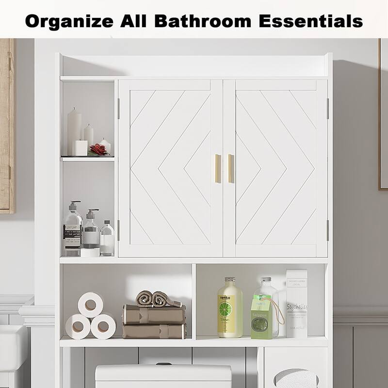 VECELO Over The Toilet Storage Cabinet, White Storage Cabinet Over Toilet with 2 Barn Doors & Toilet Paper Holder Stand