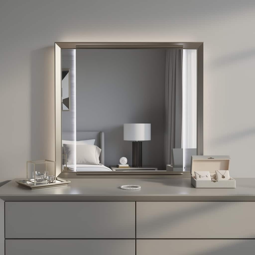 HomeRoots 38" White And Silver Wood Lighted Dresser Mount Framed Mirror - 40.55 in. x 37.99 in. x 2.36 in.