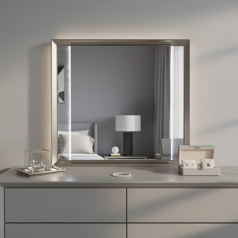 HomeRoots 38" White And Silver Wood Lighted Dresser Mount Framed Mirror - 40.55 in. x 37.99 in. x 2.36 in. - 40.55 in. x 37.99 in. x 2.36 in.