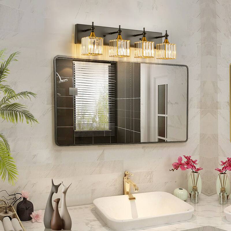 3/4-Light Modern Glam Dimmable Black Gold Crystal Bathroom Vanity Light