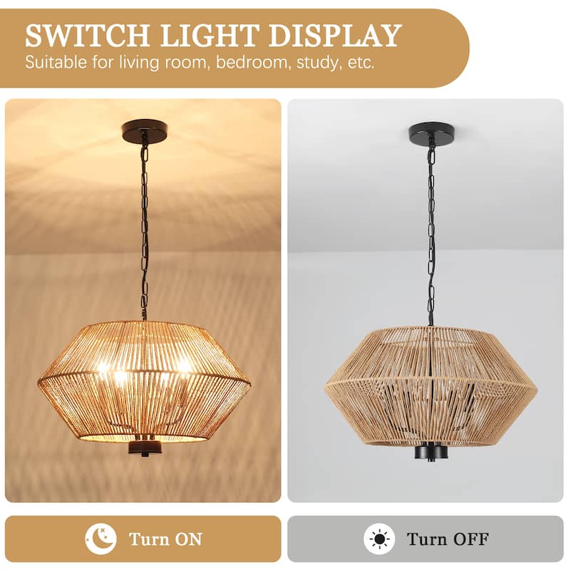 4-Light Bohemian Hand Woven Drum Chandelier Rattan Pendant - N/A