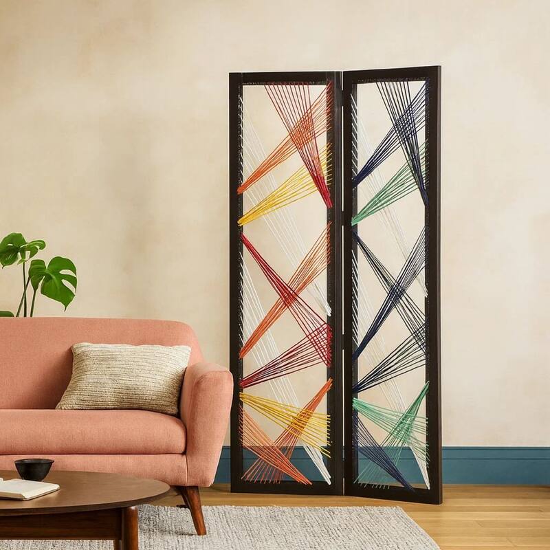 Contemporary 3 Panel Wooden Screen with Woven String Design, Multicolor