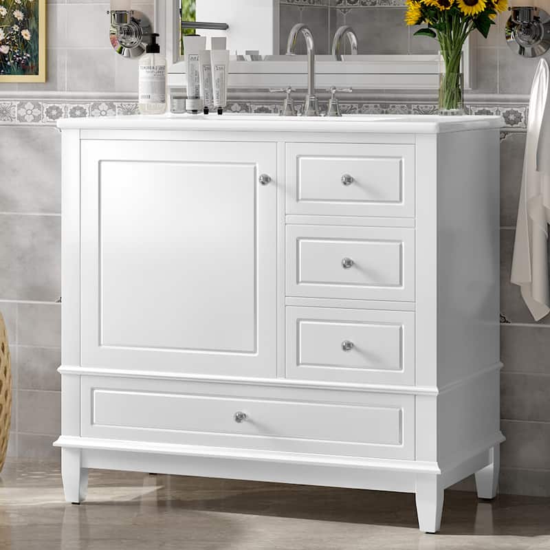 36"Bathroom Vanity with Ceramic Sink, 3 Drawers & Cabinet with Shelves, Freestanding Vanity Cabinet with 4-Inch Faucet Holes