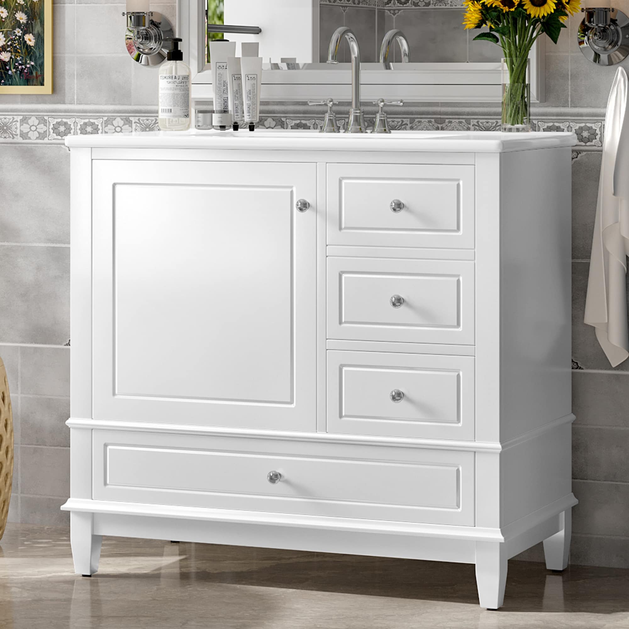 GDFStudio - Isabella Modern 36" Freestanding Bathroom Vanity with Ceramic Sink, Open Back Design & Interior Shelf Racks