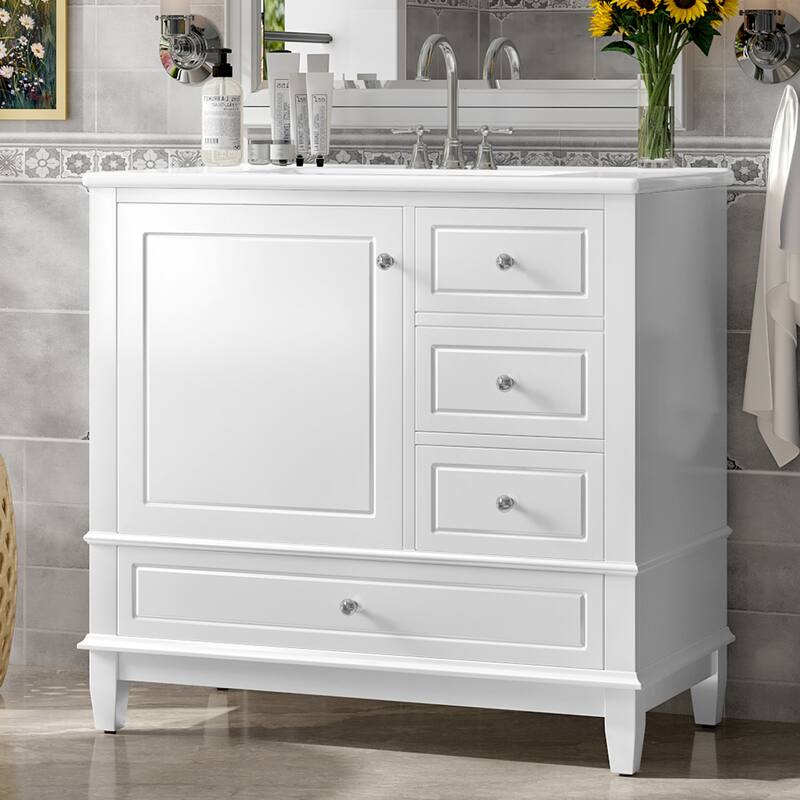 Roomfitters 36" Bathroom Vanity with Ceramic Sink, Solid Wood Frame, 3 Drawers & Soft-Close Door with Racks - White