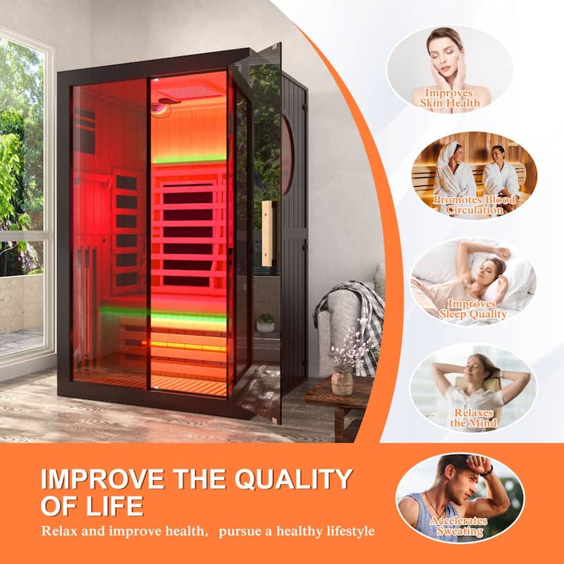 VEIKOUS 2-Person Hemlock Wood Infrared Sauna, 5 Carbon Panel 360° Heating Home Spa with Bluetooth, Oxygen Bar & Color Therapy