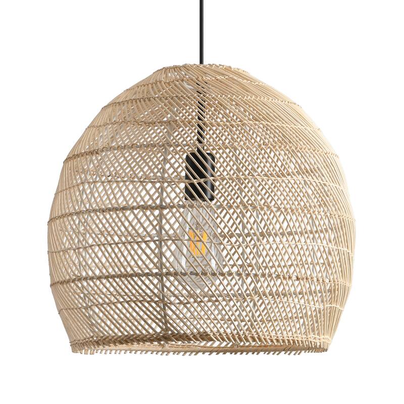 1-Light Coastal Style Brown Hand-Woven Rattan Cloche Hanging Pendant Light - 15.7" W x 62.9" H