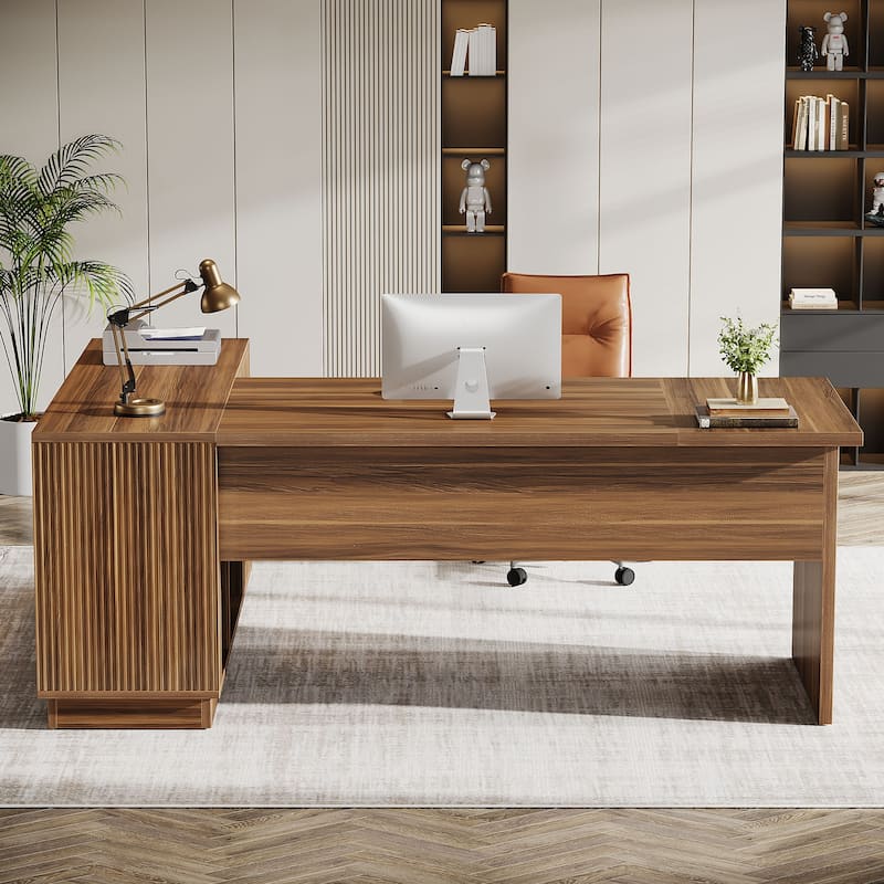 71-Inch Executive Desk with File Cabinet, Woodedn Office Computer Desk with Storage Shelves for Home Office