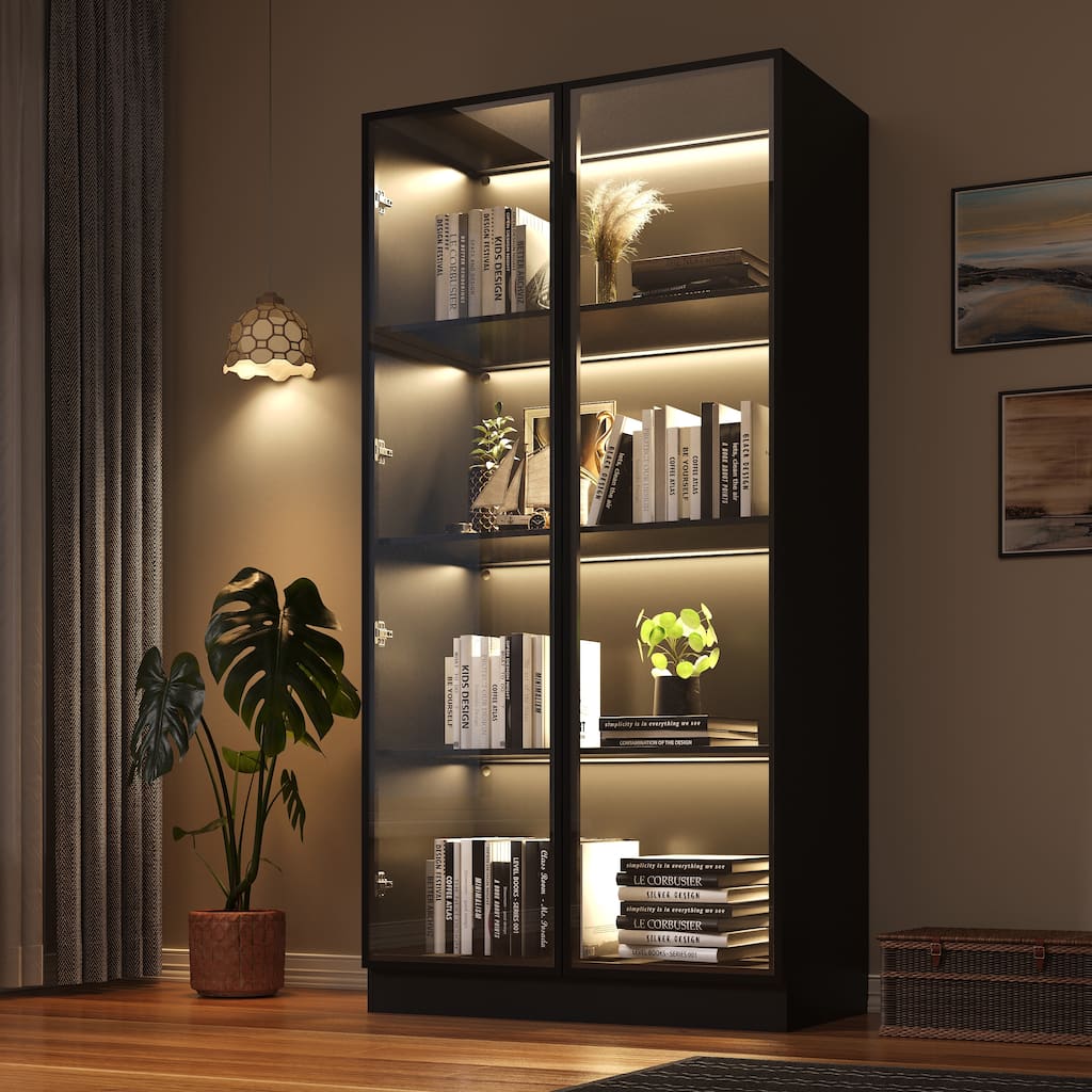 Display Storage Cabinet,Display Cabinet with Tempered Glass Doors, Showcase with 4-Tier Storage Shelves