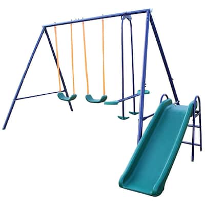 Blue Frame Metal Swing Set and Slide for kids