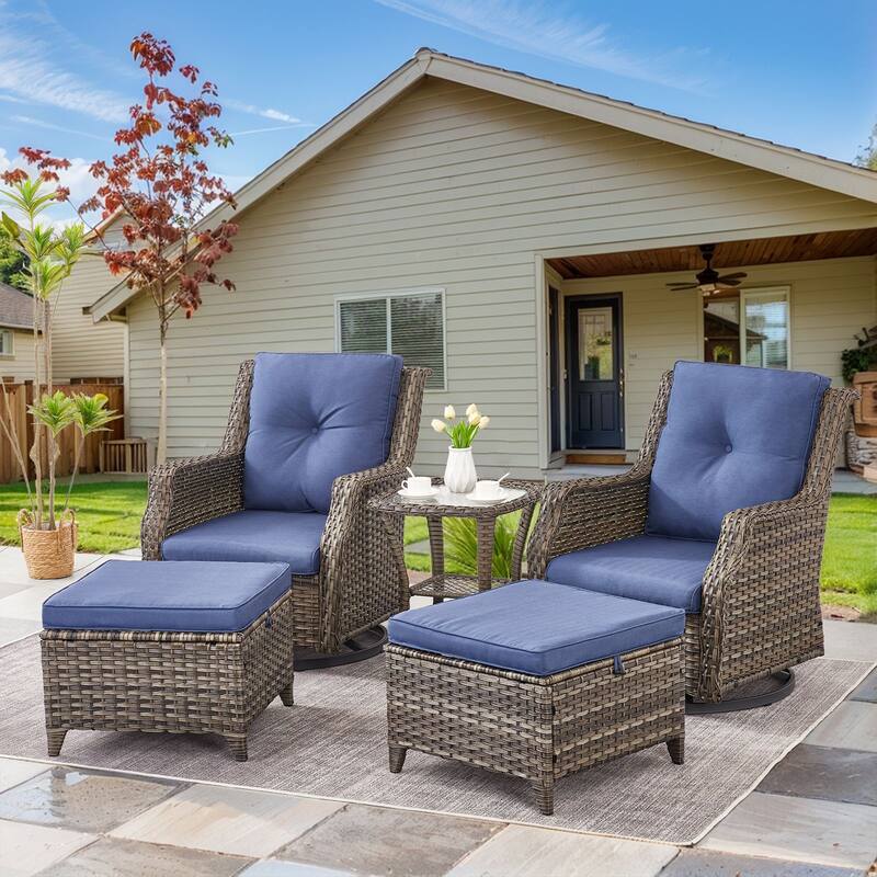 Gymojoy Outdoor Wicker Furniture Set with Cushions All-Weather PE Rattan - 5 PCS - Swivel Chairs & Ottomans & Side Table - Blue