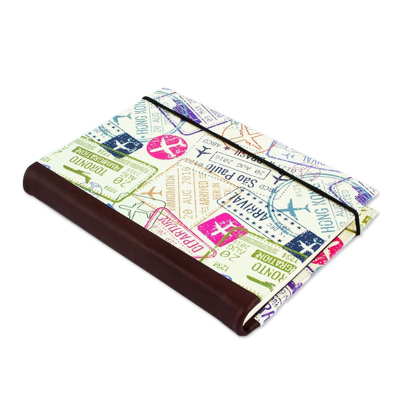 Novica Handmade Passport Stamps Leather Trimmed Recycled Paper Journal