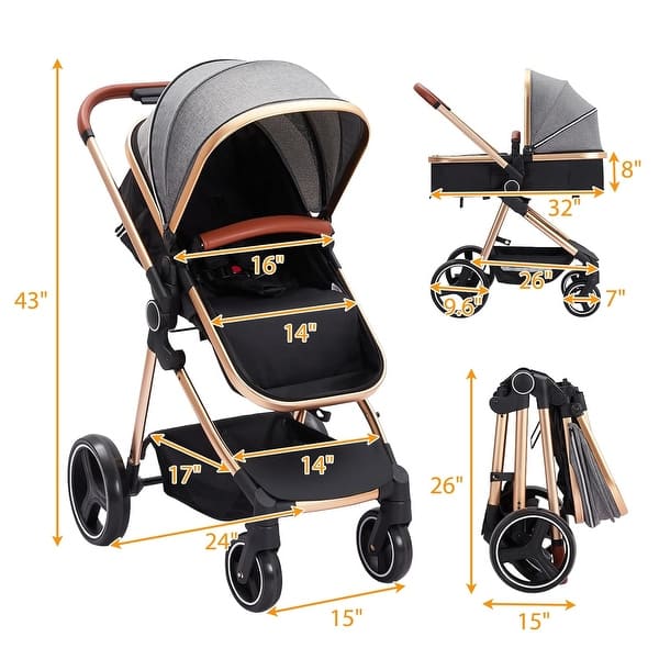 dimension image slide 1 of 3, 2-in-1 Convertible Baby Stroller,Foldable Pushchair for Newborns with Reversible High Landscape Bassinet, Adjustable Canopy
