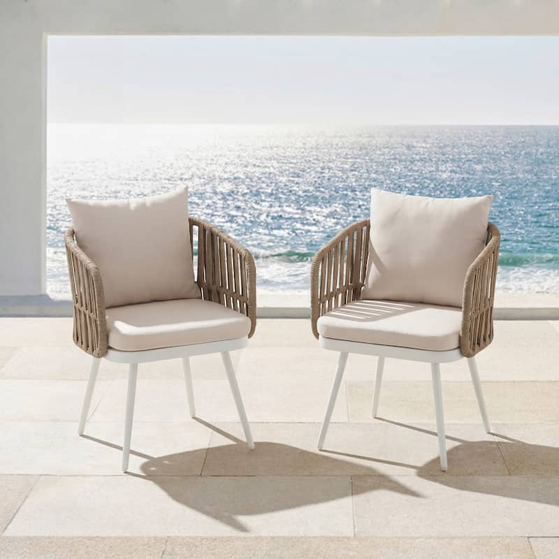 Patio Dining Chair Set - Metal Frame with Woven Rope Seat - 2-Piece Linen-colored Weave