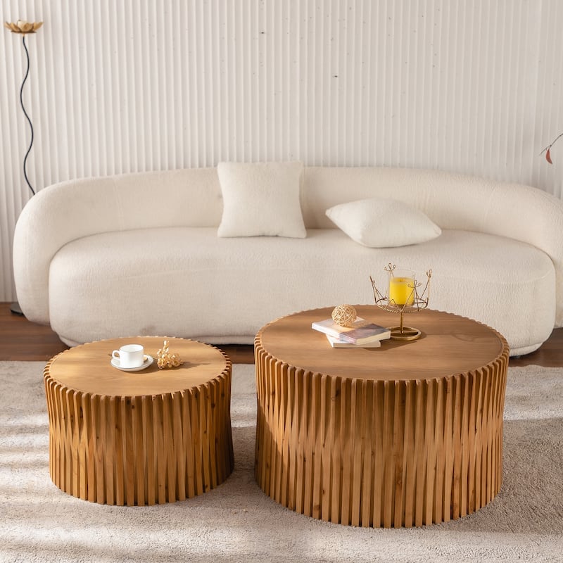 Fashion Style Nesting Coffee Table Set with Vertical Textured Embossed Design for Living Room, Office and Dining Room(Set of 2) - Natural