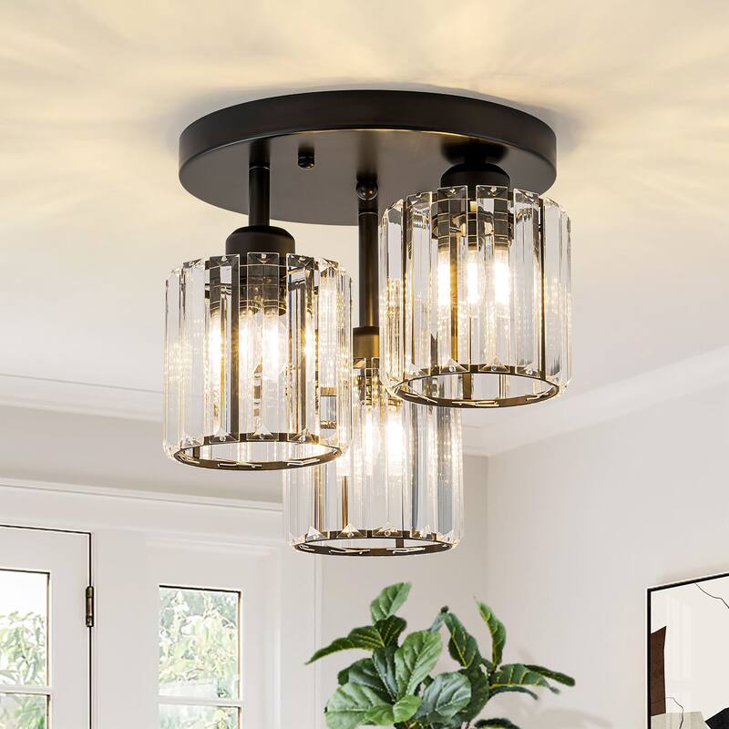 Starsky 3-Light Modern Glass Crystal Semi Flush Mount Ceiling Light - Black