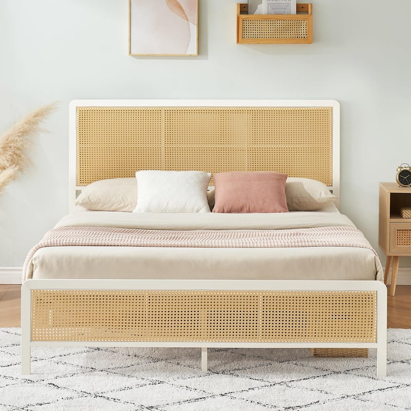 Rattan Bed Frame with Headboard LED Lights and Footboard - White - Queen