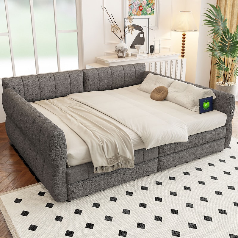 Modern Fabric Upholstered Daybed Queen Size Sofa Bed Frame with Backrest and Armrests, USB Charging Ports, No Box Spring Needed