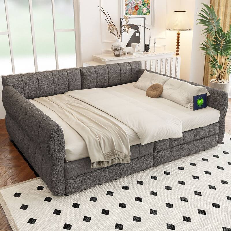Queen Size Platform Storage Bed Frame Upholstered Daybed with USB and 2 Drawers, Low Profile Sofa Bed with Storage Underneath - Grey - Queen