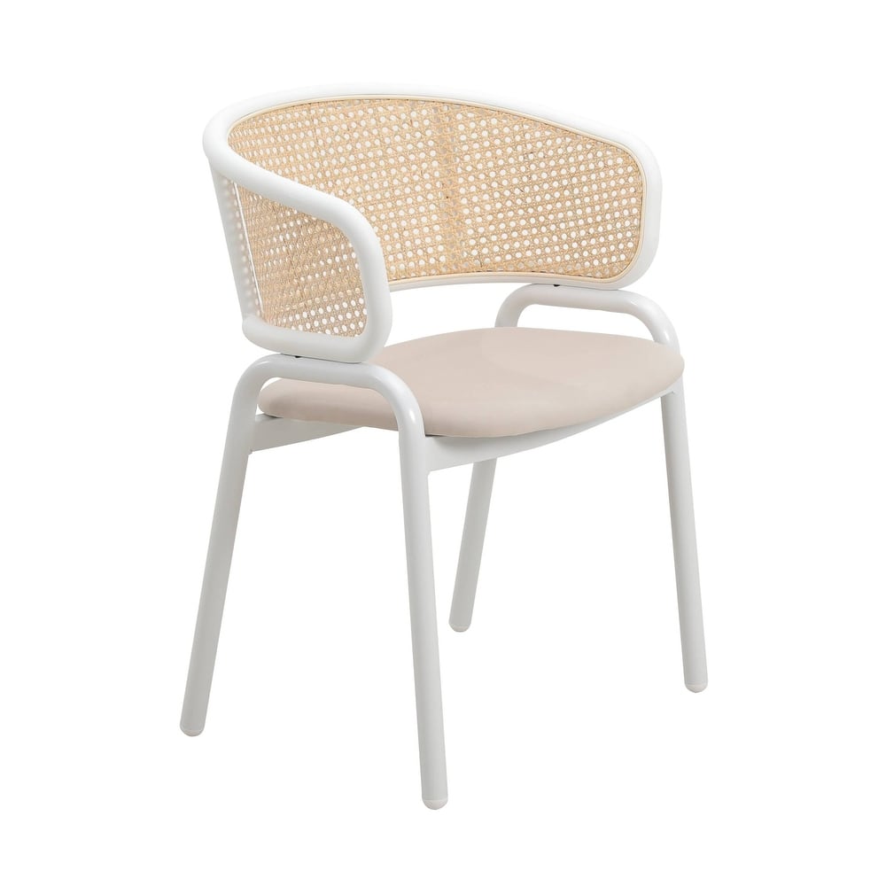 Ervilla Modern Mid-Century Velvet Side Dining Chair with Rattan Back & White Steel Legs for Kitchen, Dining Room or Living Space