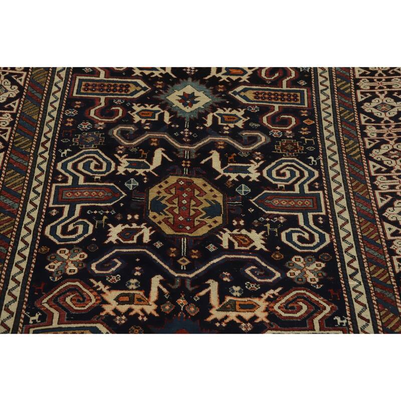 Hand Knotted Oriental 100% Wool Carpet Traditional Tribal Navy Blue & Blues Kazak Runner Rug - 8' 11'' X 4' 5''