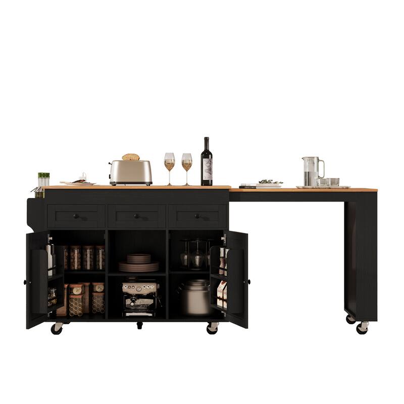 Extendable Dining Table Rolling Kitchen Island with 3 Side Open Shelves, Power Outlet, 3 Drawers and 2 Doors
