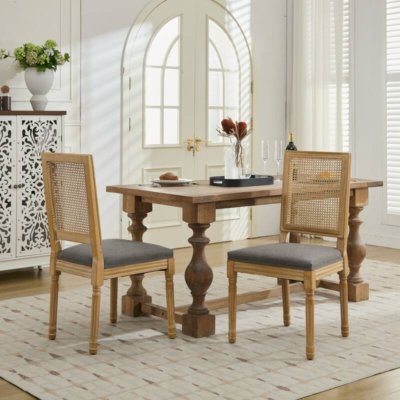 GDF Studio - French Modern Wood Dining Chairs with Rattan Backrest, Upholstered Seat, Set of 2 with Carved Frame