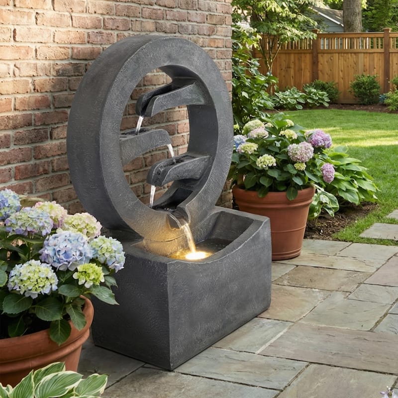 Christopher Knight Home - Modern 26.77"H Polyresin Outdoor Water Fountain with LED Light & Cascading Design