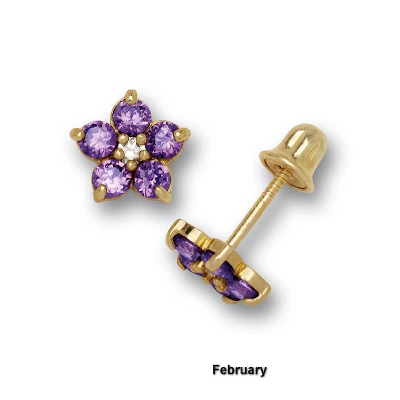14K Yellow Gold Cubic Zircornia Small Flower Birthstone Screw-back Stud Earrings (12 colors) (5mm)