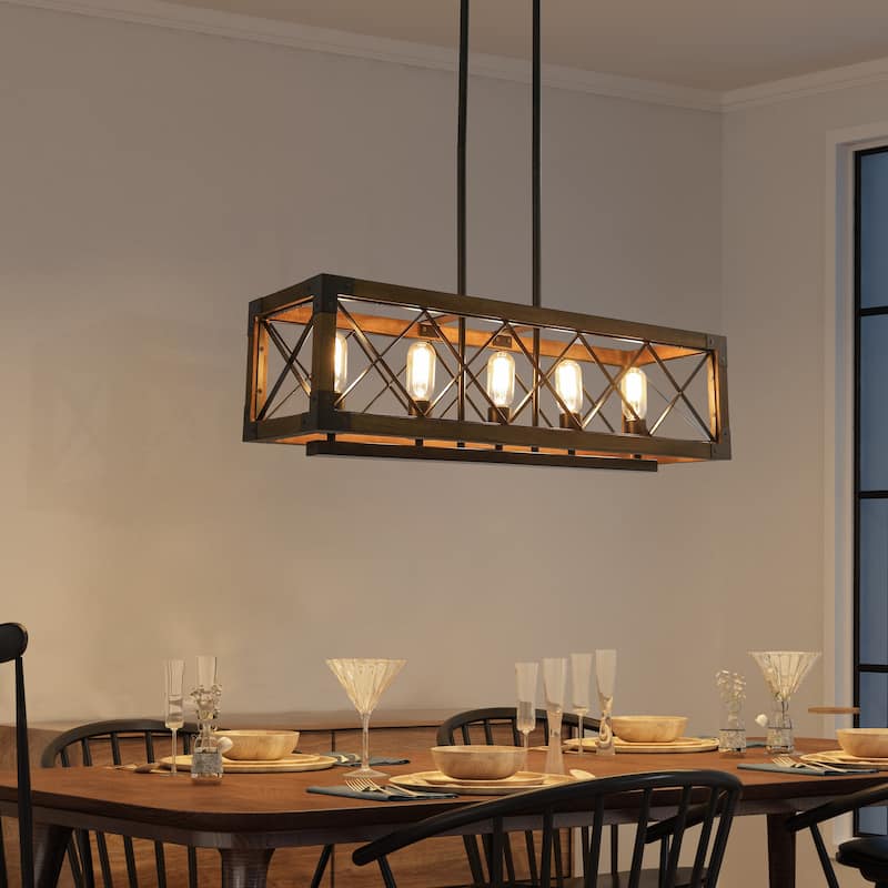 Farmhouse 5-Light Rectangle Wood Chandelier Rustic Island Lights for Dining Kitchen Island