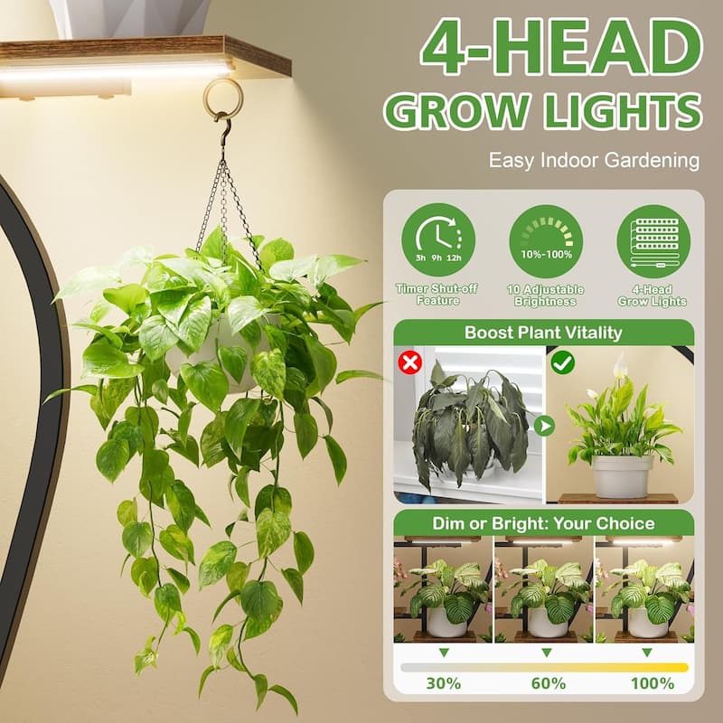 63" 9-Tier Indoor Plant Stand with Integrated Grow Lights – Tall Metal Shelving Unit for Multiple Plants in Living Room.