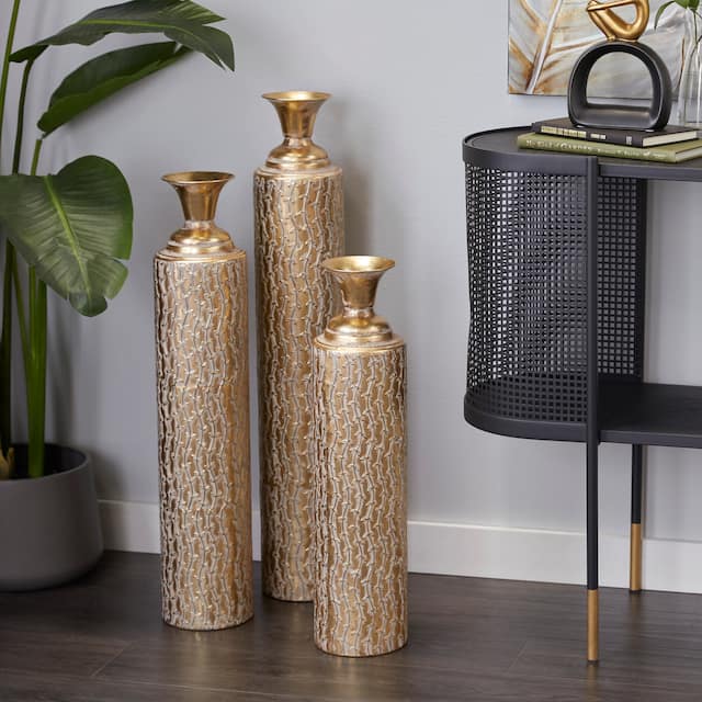 Set of 3 Contemporary Glam Gold Iron Vases - S/3 34", 29", 25"H - Vines Antique Brass