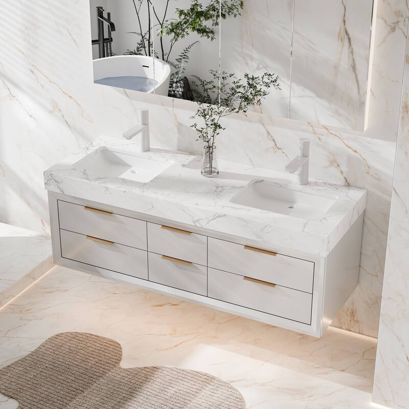 Modland 60" Modern Floating Bathroom Vanity with Double Sink, Soft-Close Drawers, White Stone Countertop