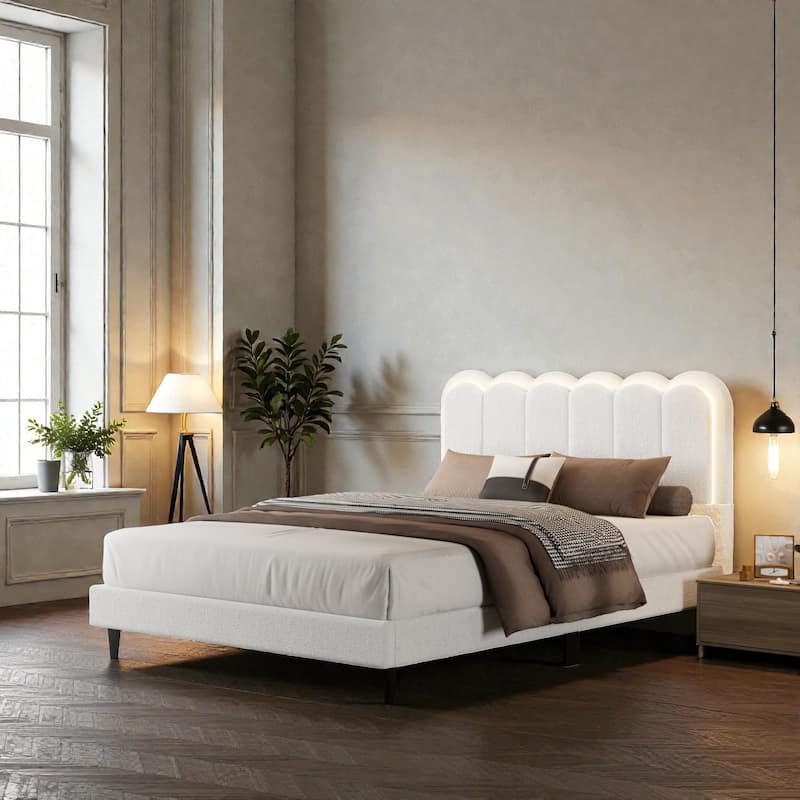 Cream Boucle Petal Headboard Bed Frame with Ambient Light, Full/Queen Soft Upholstered Bedroom Bed