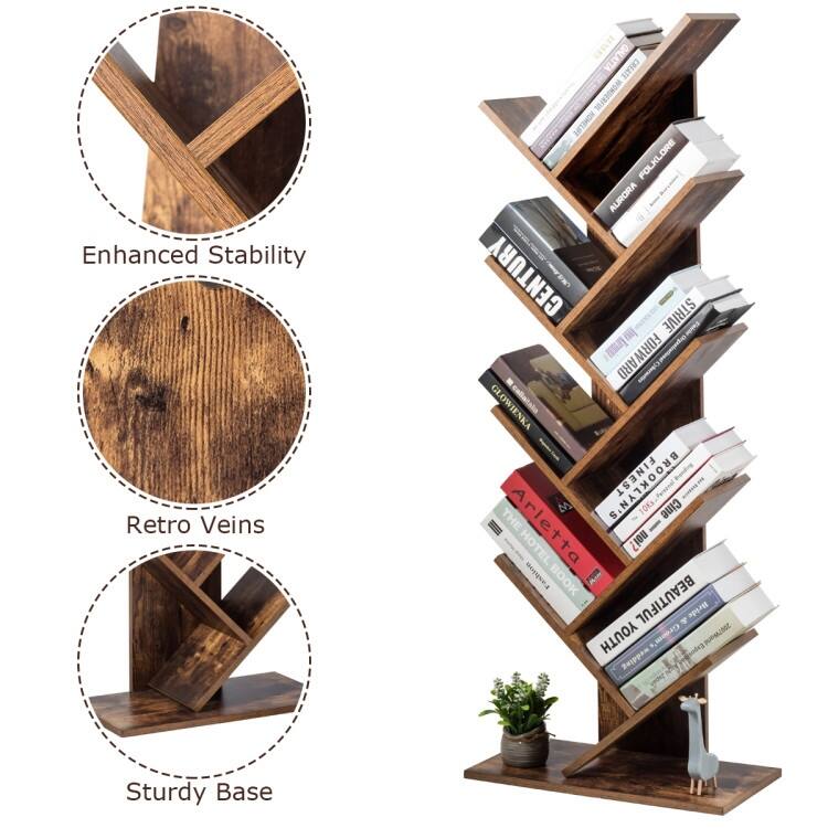 8-Tier Tree Bookshelf for Living Room with Large Storage and Stability - 20" L x 11" W x 55" H