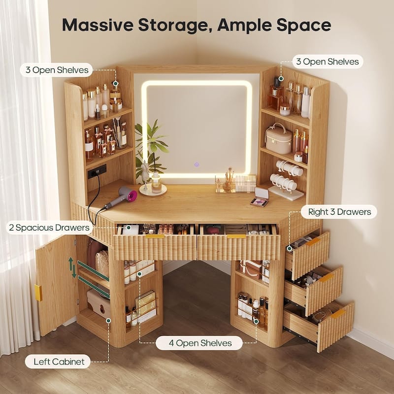 Corner Vanity Desk with Lighted Mirror Drawers Shelves Storage Stool