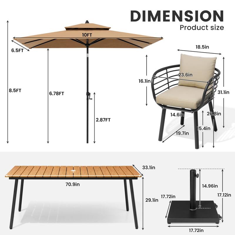 9-Piece Outdoor Patio Dining Set w/10 ft Umbrella and Base Aluminum Dining Table and Chairs with Sunbrella Cushion