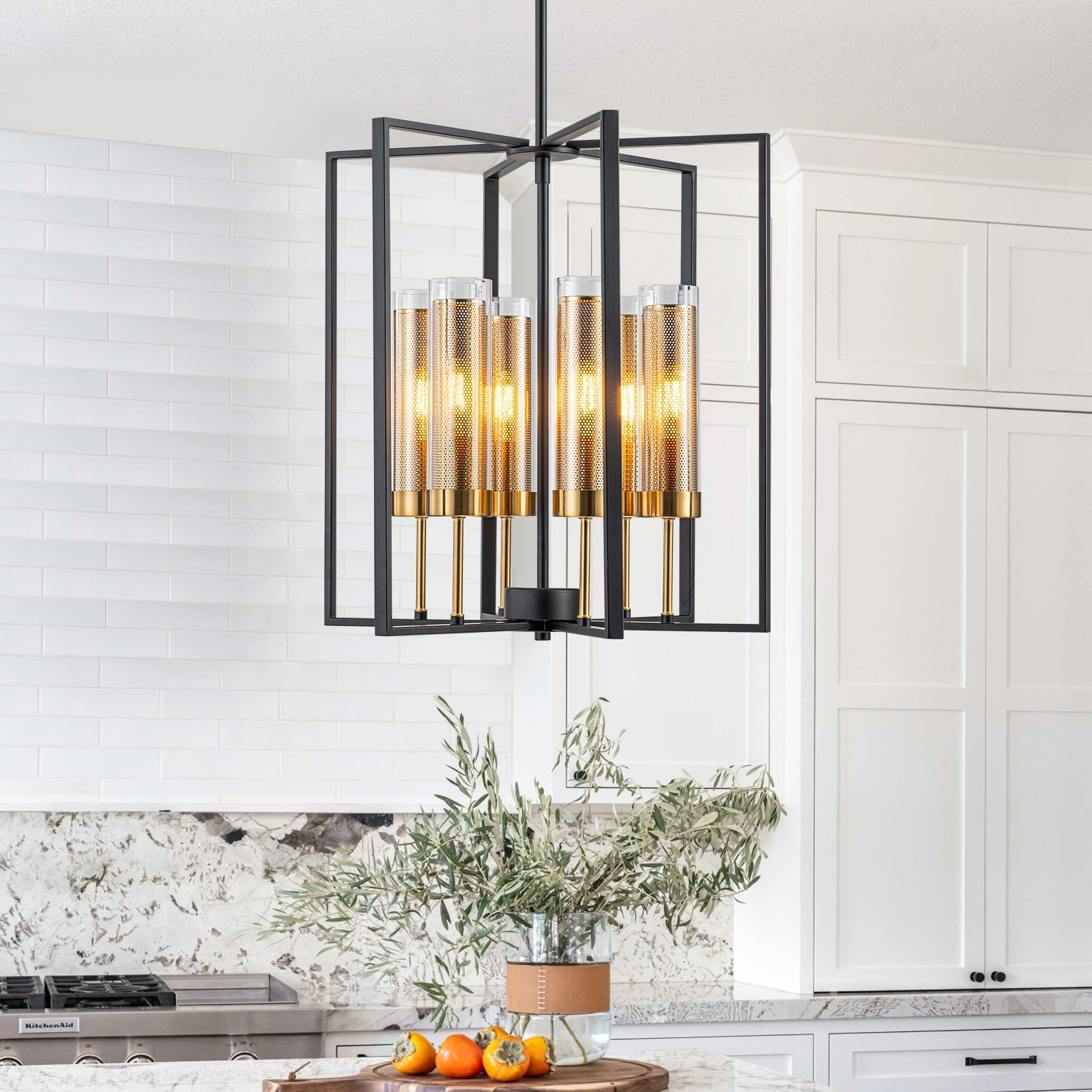 6-Light Modern Lantern Chandelier with Clear Cylinder Glass Shades - Dia.17.72-in