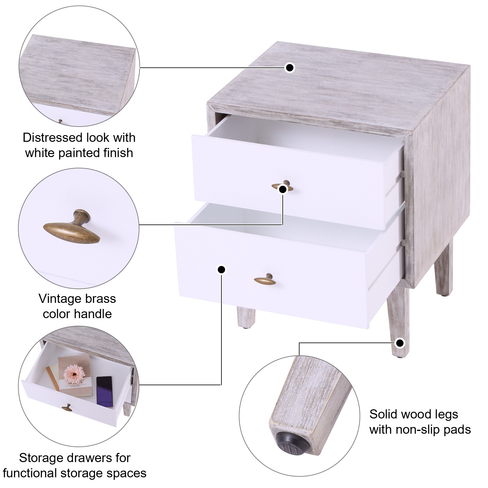 Kinbor Set of 2 Nightstands Bedside Tables with Drawers Modern Nightstand Accent Furniture for Bedroom Living Room White, Size: Medium