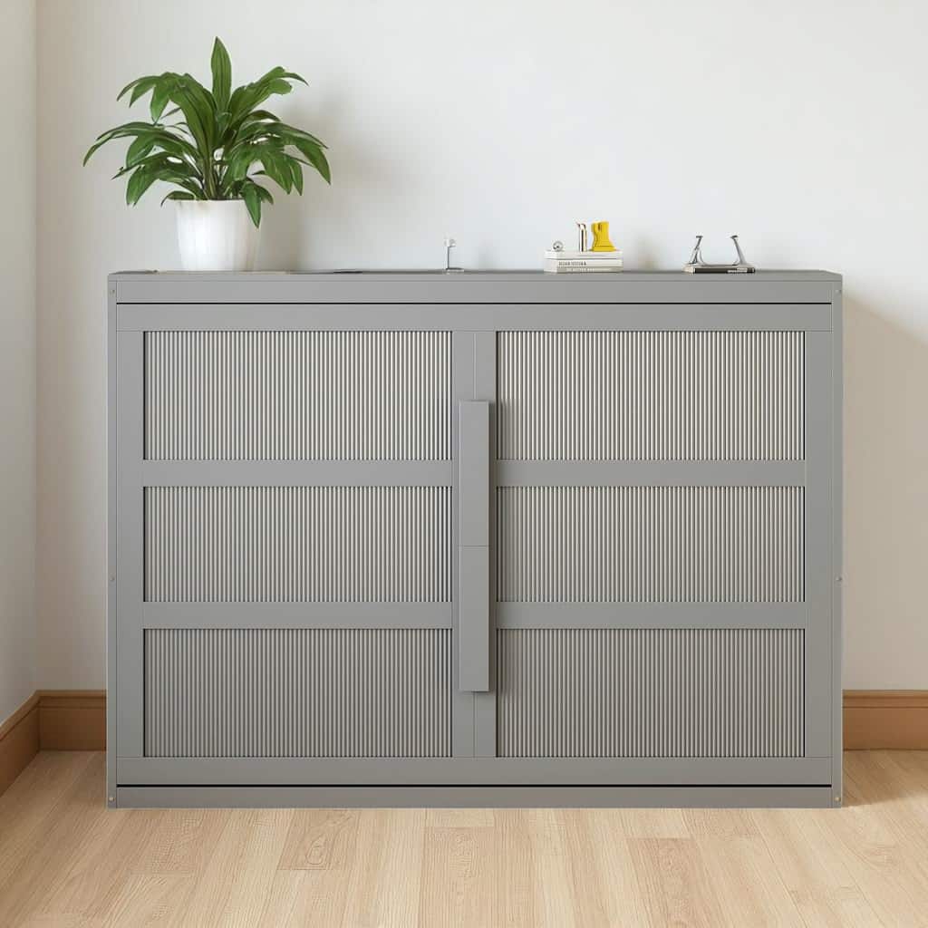 Queen Size Murphy Wall Bed with LED Lights, Folding Cabinet Design and Slatted Mattress Support