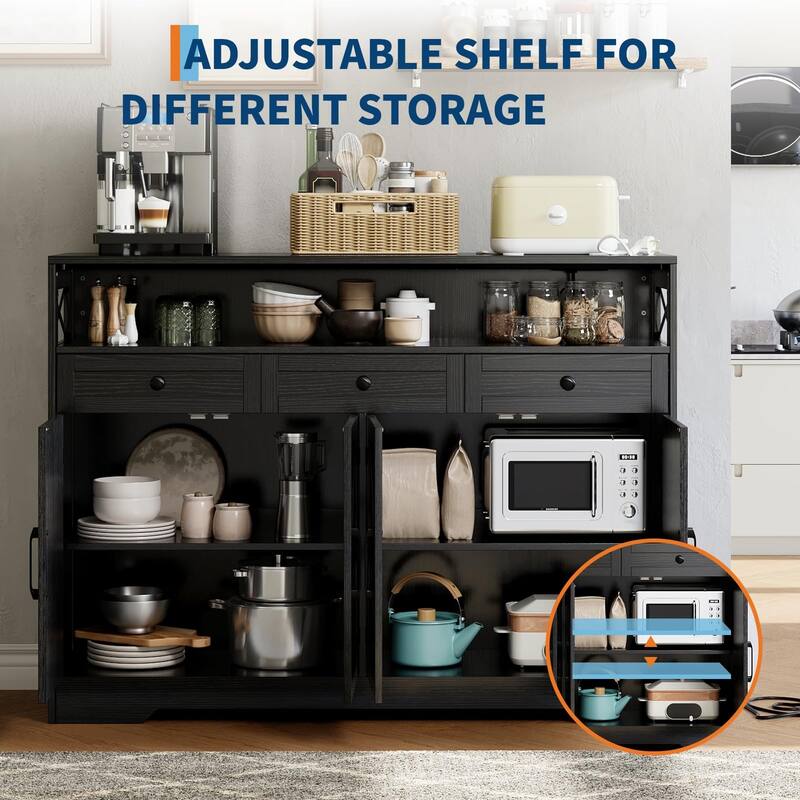 51" Modern Farmhouse Sideboard Buffet Cabinet with Storage, Wood Buffet Storage Cabinet with Charging Station