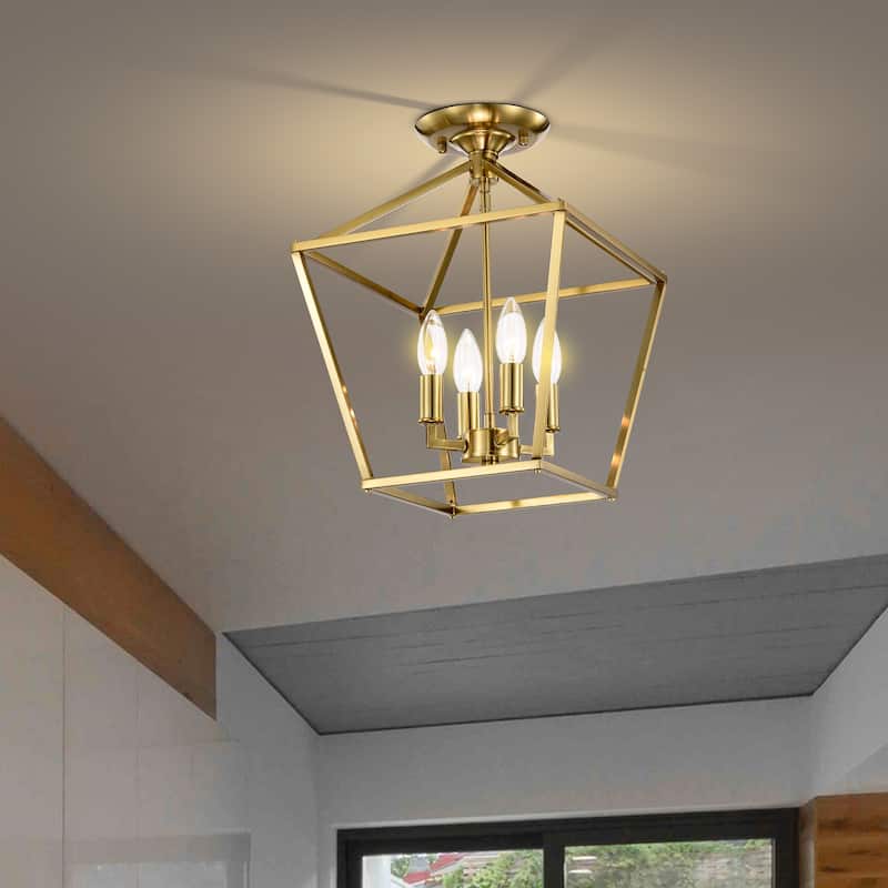 4-Light 12 in. Gold Cage Lantern Farmhouse Semi-flush Mount