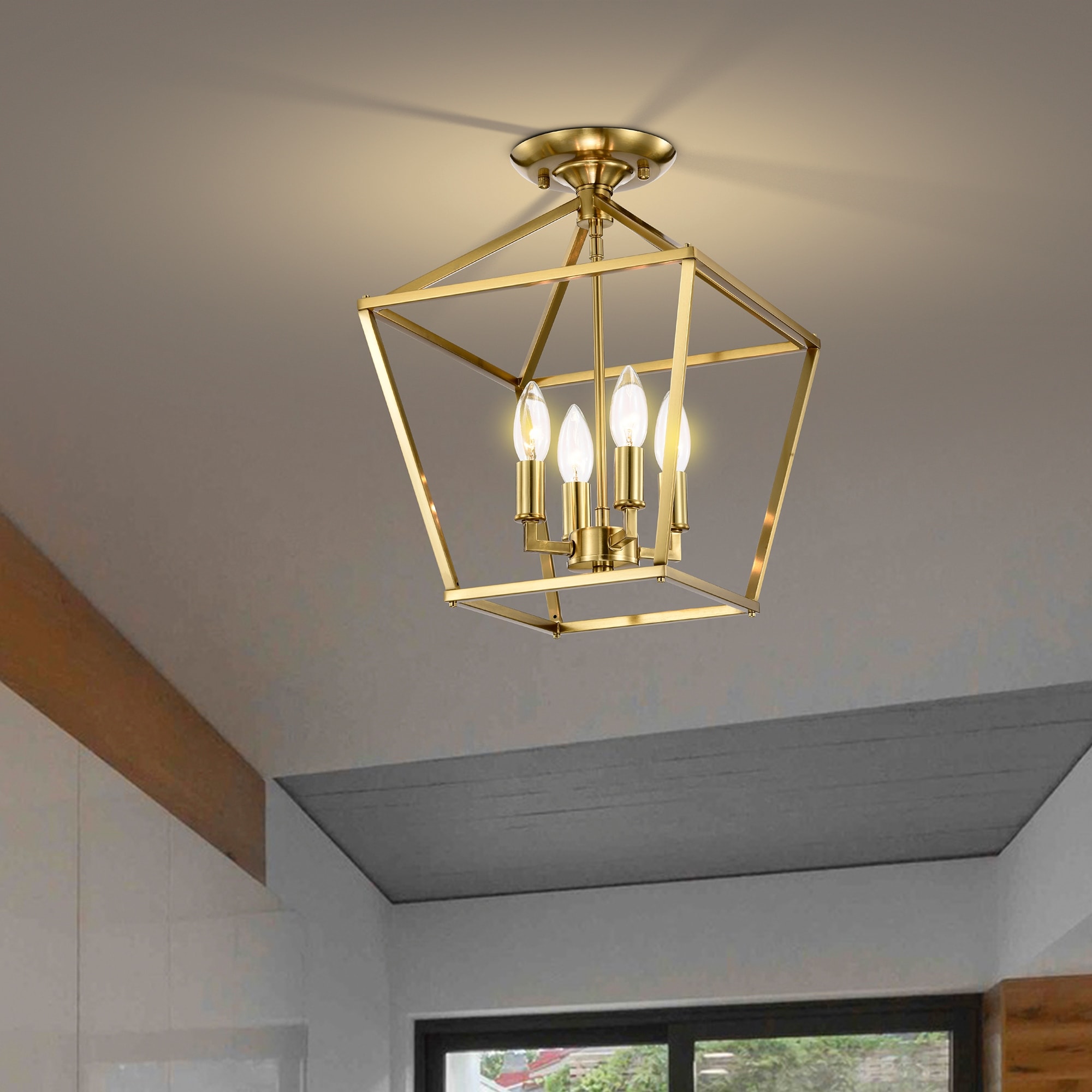 4-Light 12 in. Gold Cage Lantern Farmhouse Semi-flush Mount